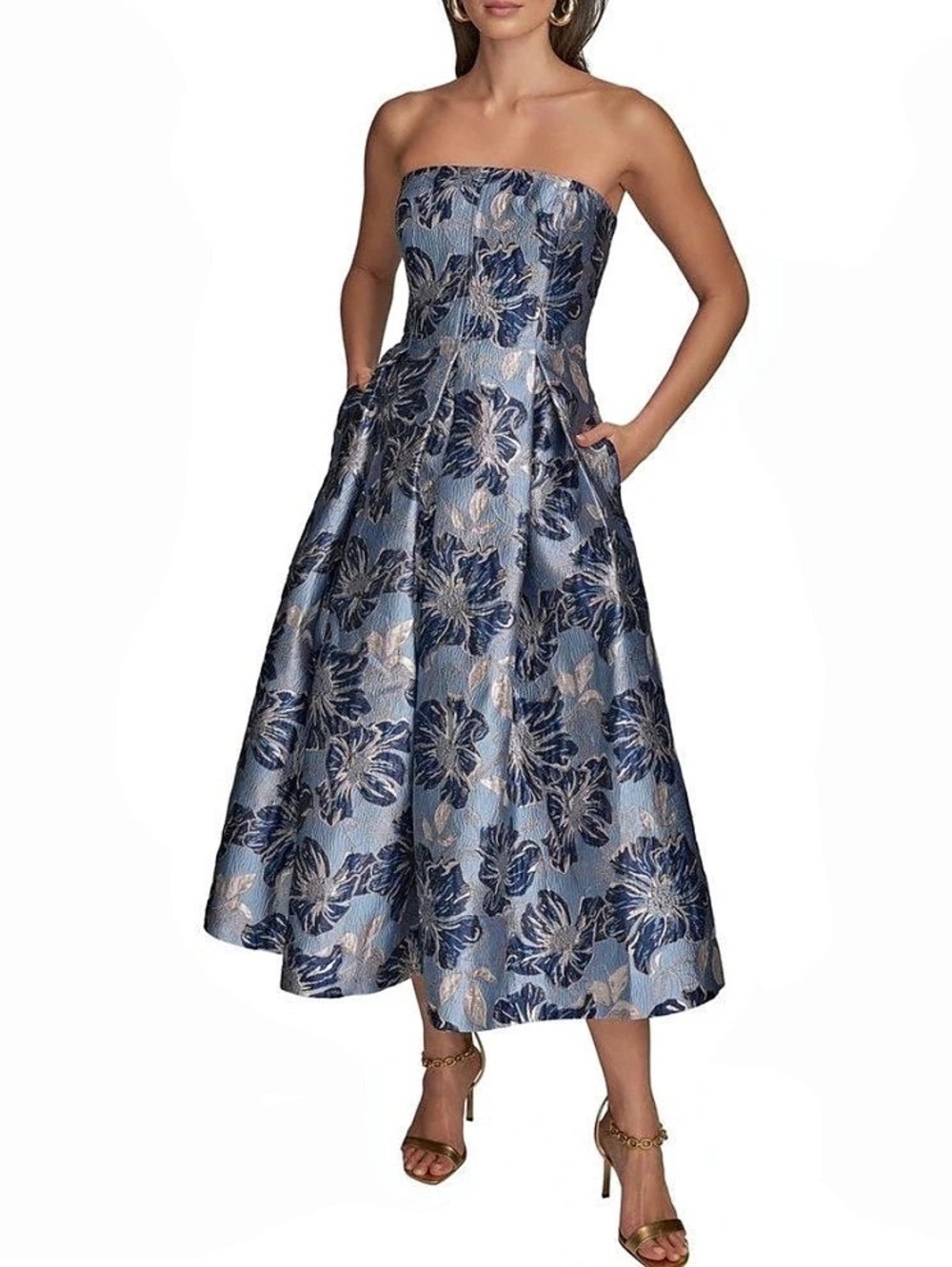 Donna Karan NWT Blue Floral Jacquard Strapless Midi Dress Size 6